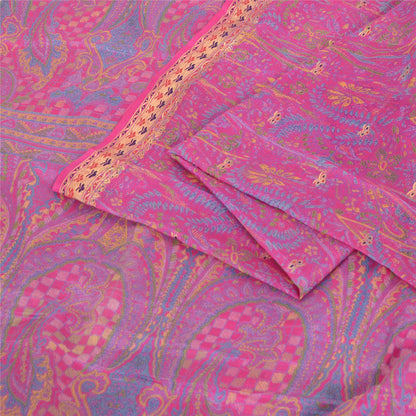 Sanskriti Vintage Sarees Pink Pure Silk Printed Woven Sari 5yd Craft Fabric