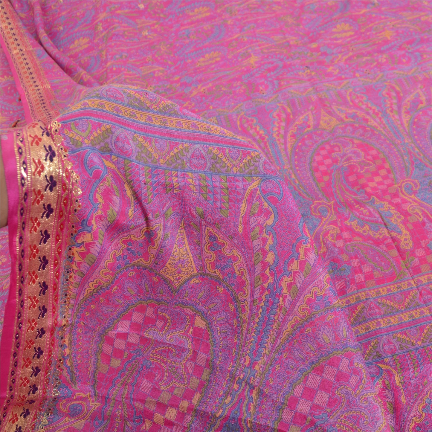 Sanskriti Vintage Sarees Pink Pure Silk Printed Woven Sari 5yd Craft Fabric