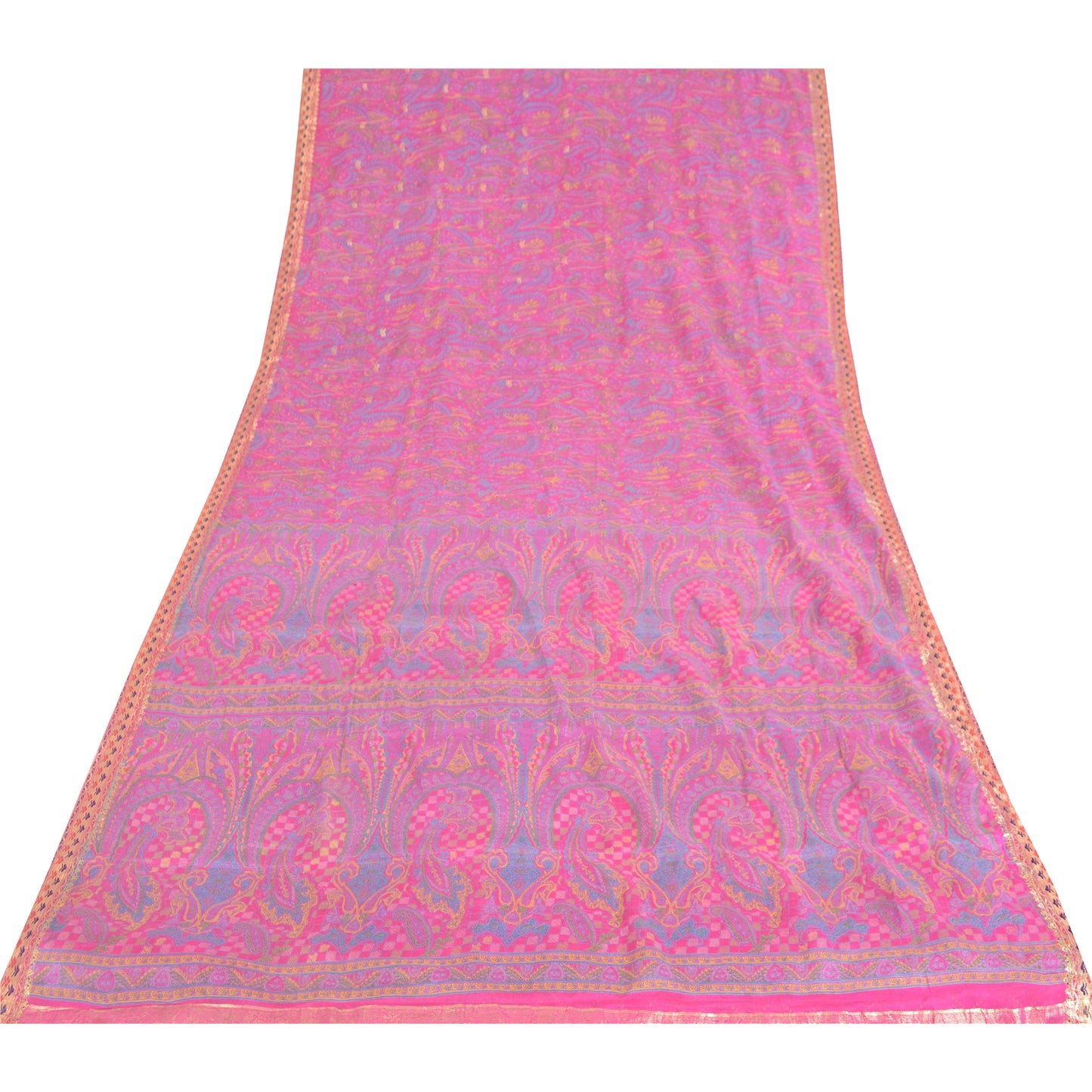 Sanskriti Vintage Sarees Pink Pure Silk Printed Woven Sari 5yd Craft Fabric