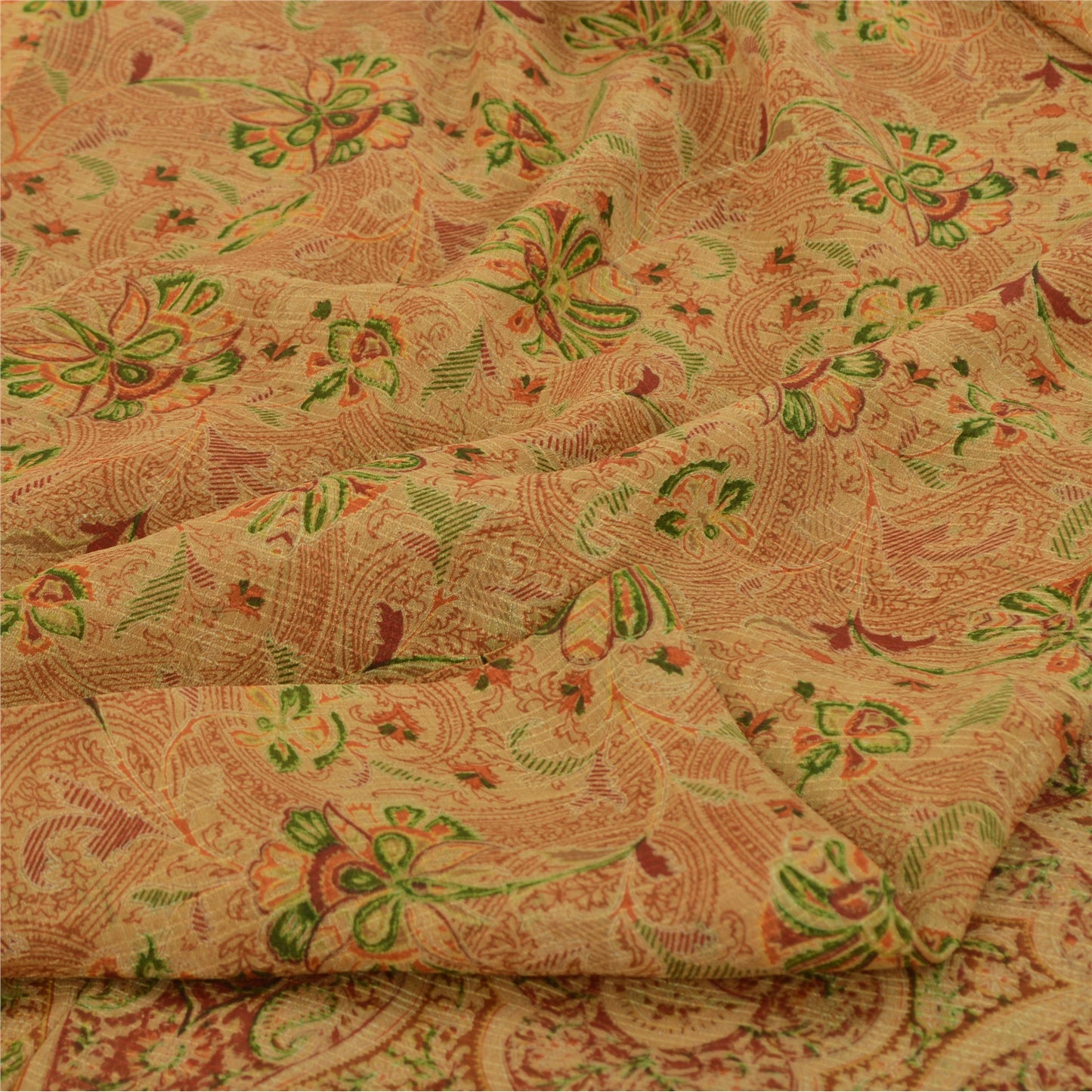 Sanskriti Vintage Sarees Cream Indian Pure Silk Printed Sari 5yd Craft Fabric