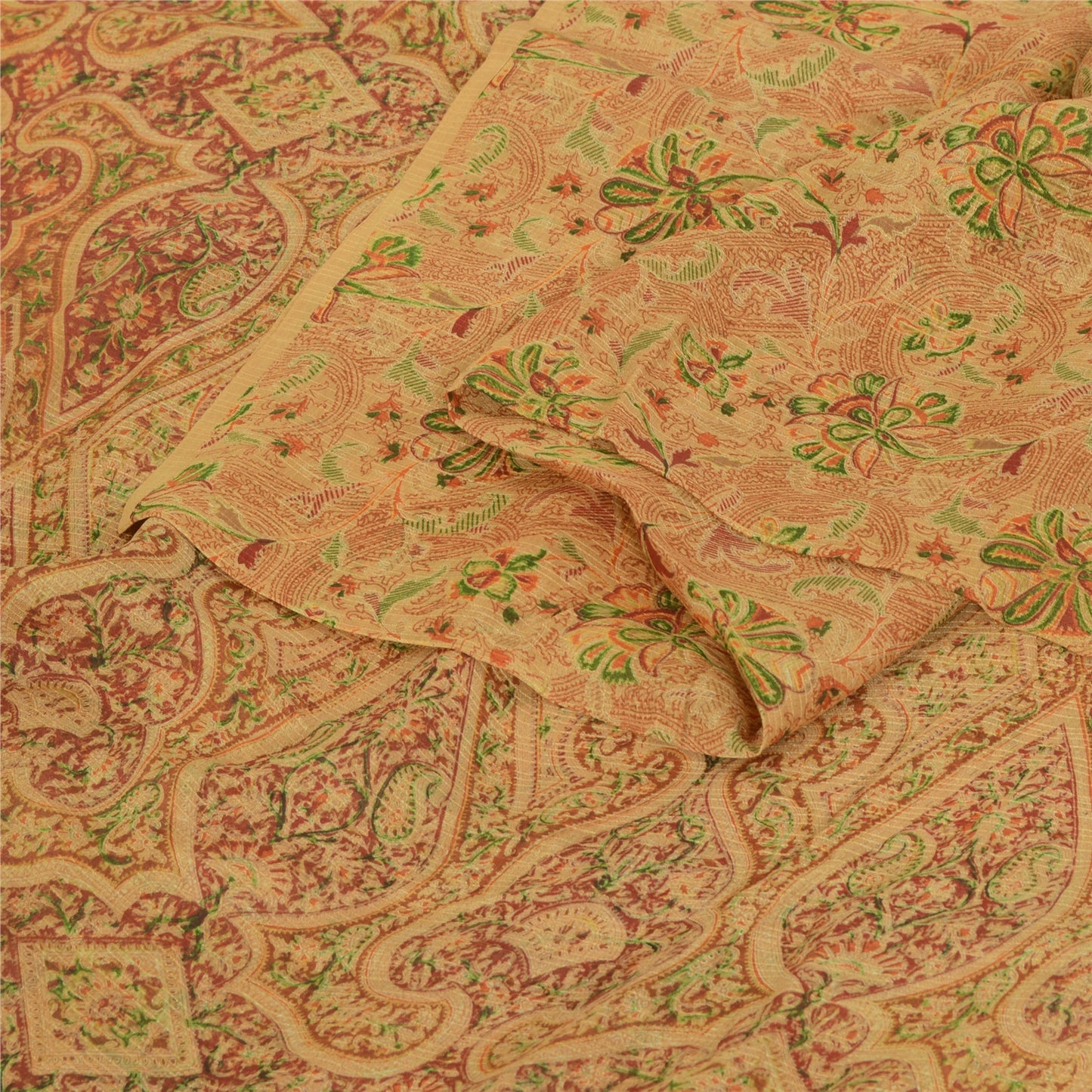 Sanskriti Vintage Sarees Cream Indian Pure Silk Printed Sari 5yd Craft Fabric