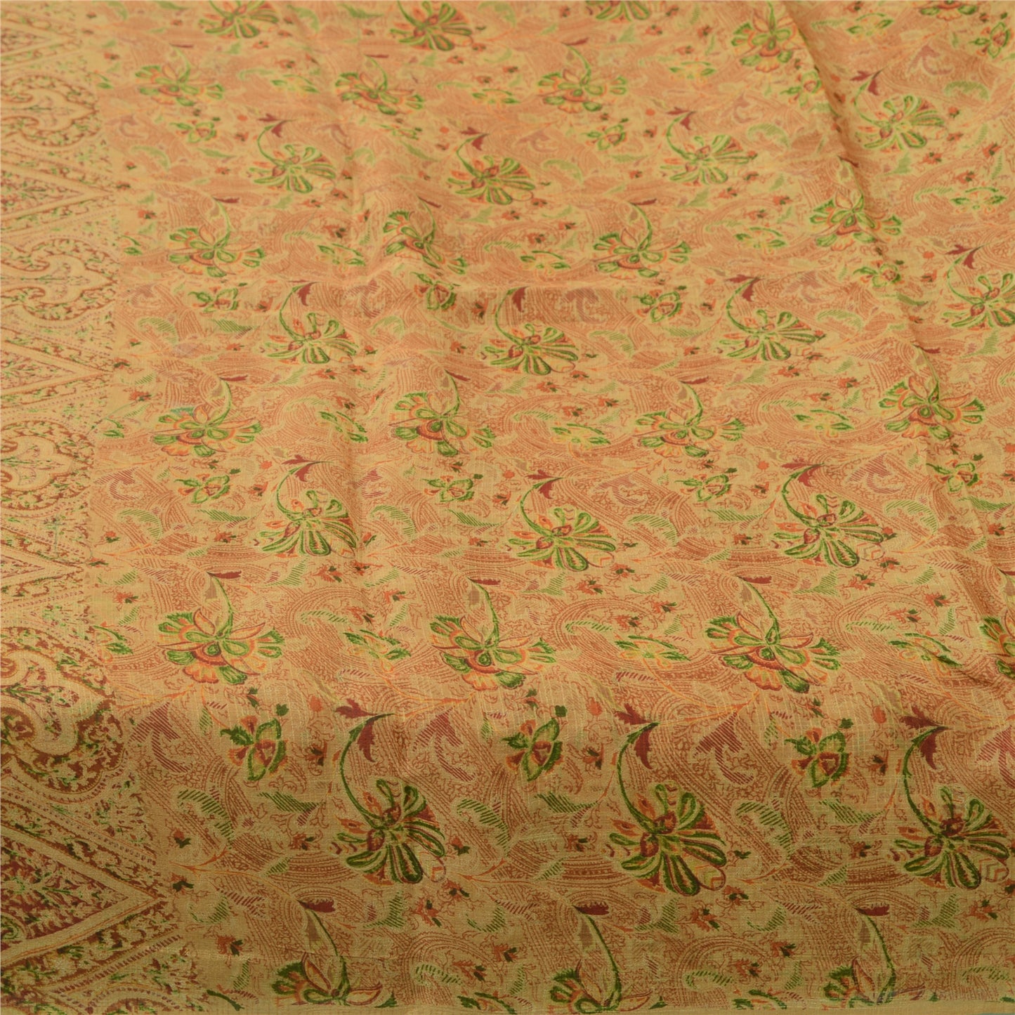 Sanskriti Vintage Sarees Cream Indian Pure Silk Printed Sari 5yd Craft Fabric