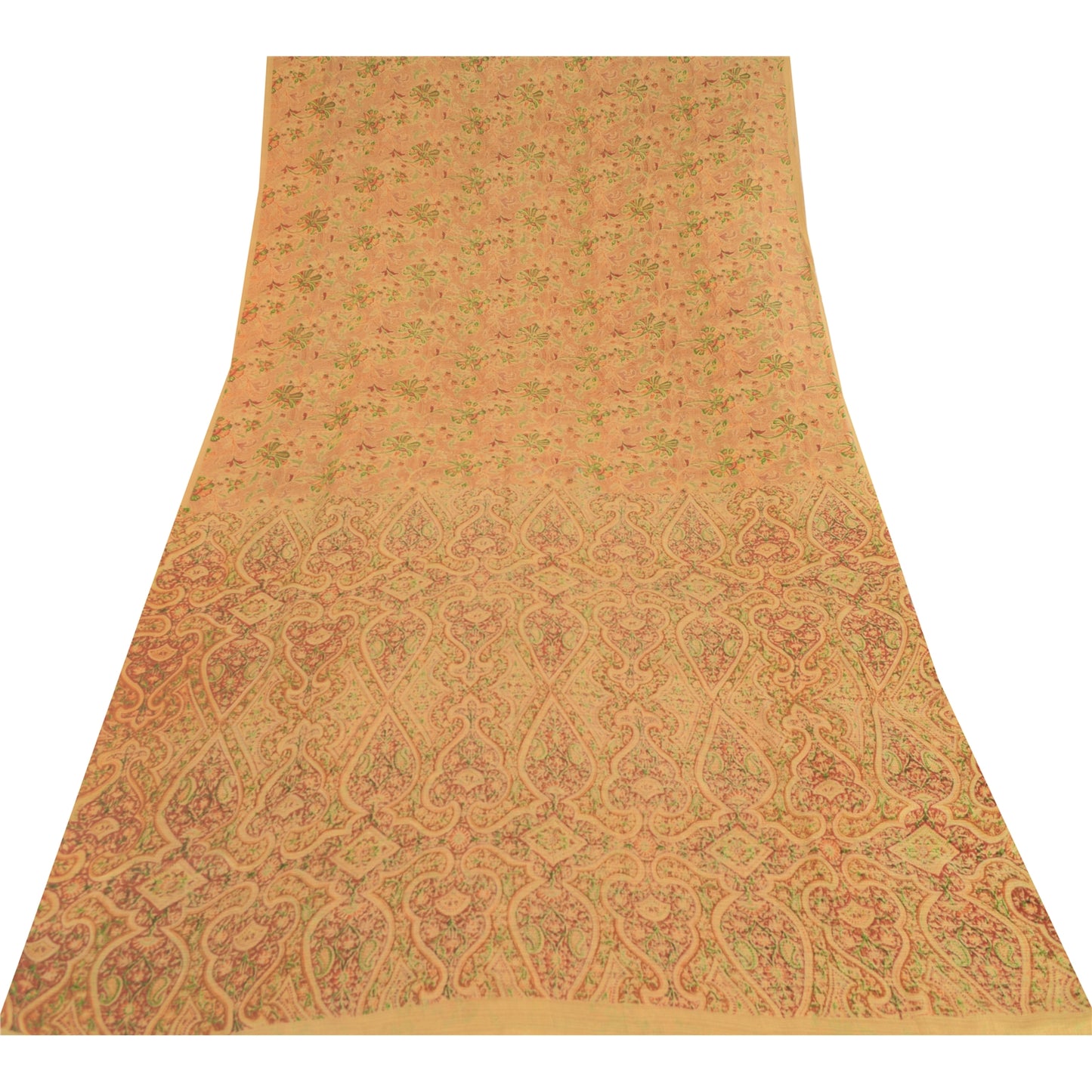 Sanskriti Vintage Sarees Cream Indian Pure Silk Printed Sari 5yd Craft Fabric