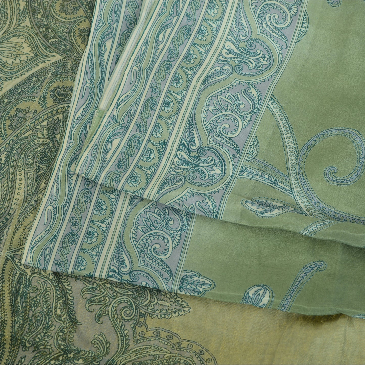 Sanskriti Vintage Sarees Green 100% Pure Silk Printed Sari Soft 5yd Craft Fabric