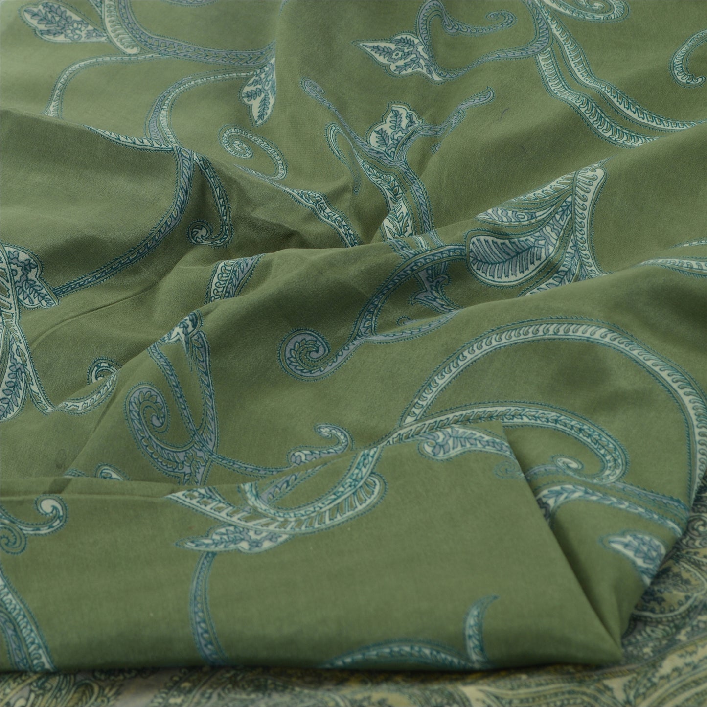 Sanskriti Vintage Sarees Green 100% Pure Silk Printed Sari Soft 5yd Craft Fabric