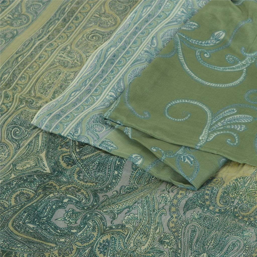 Sanskriti Vintage Sarees Green 100% Pure Silk Printed Sari Soft 5yd Craft Fabric