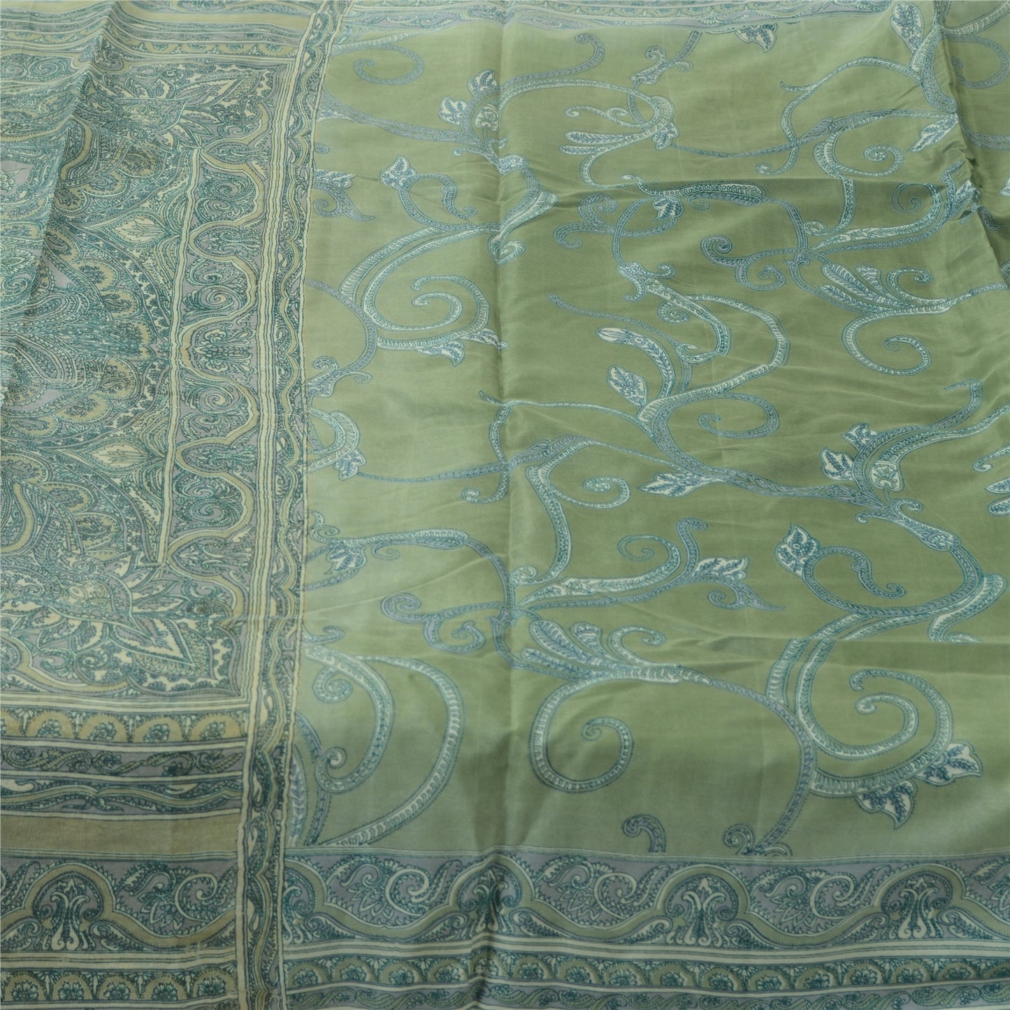 Sanskriti Vintage Sarees Green 100% Pure Silk Printed Sari Soft 5yd Craft Fabric