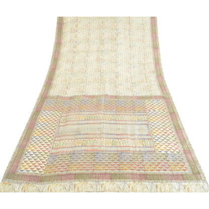 Sanskriti Vintage Sarees Ivory Indian Pure Silk Printed Sari 5yd Craft Fabric