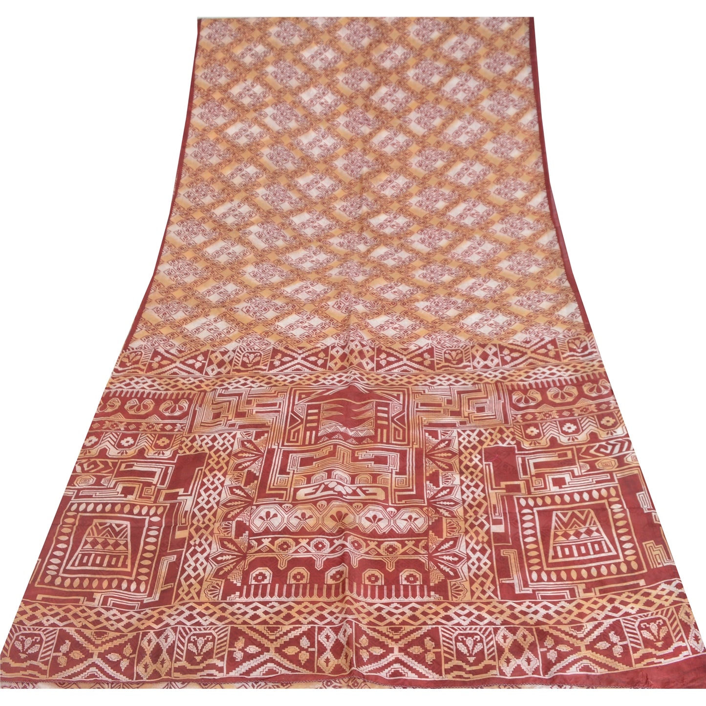 Sanskriti Vintage Sarees Red/Cream 100% Pure Silk Printed Sari 5yd Craft Fabric