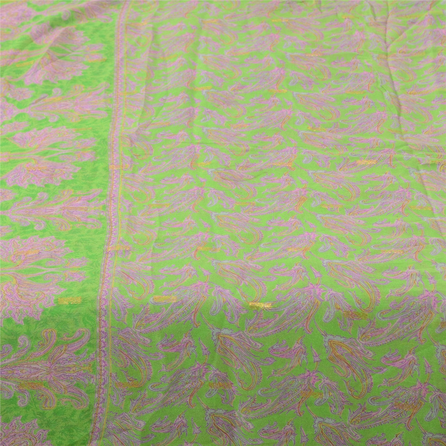 Sanskriti Vintage Sarees Green/Pink Pure Georgette Woven/Printed Sari 5yd Fabric