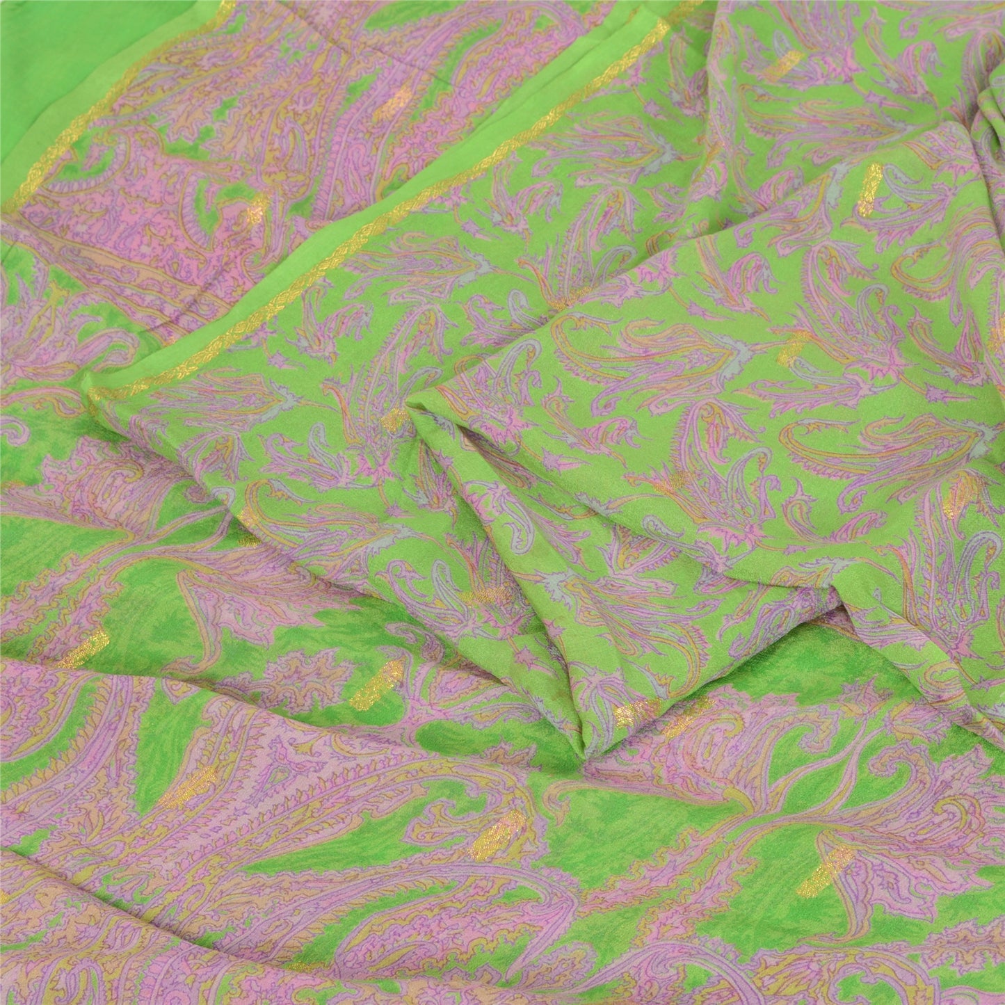 Sanskriti Vintage Sarees Green/Pink Pure Georgette Woven/Printed Sari 5yd Fabric