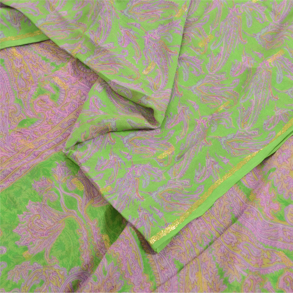 Sanskriti Vintage Sarees Green/Pink Pure Georgette Woven/Printed Sari 5yd Fabric