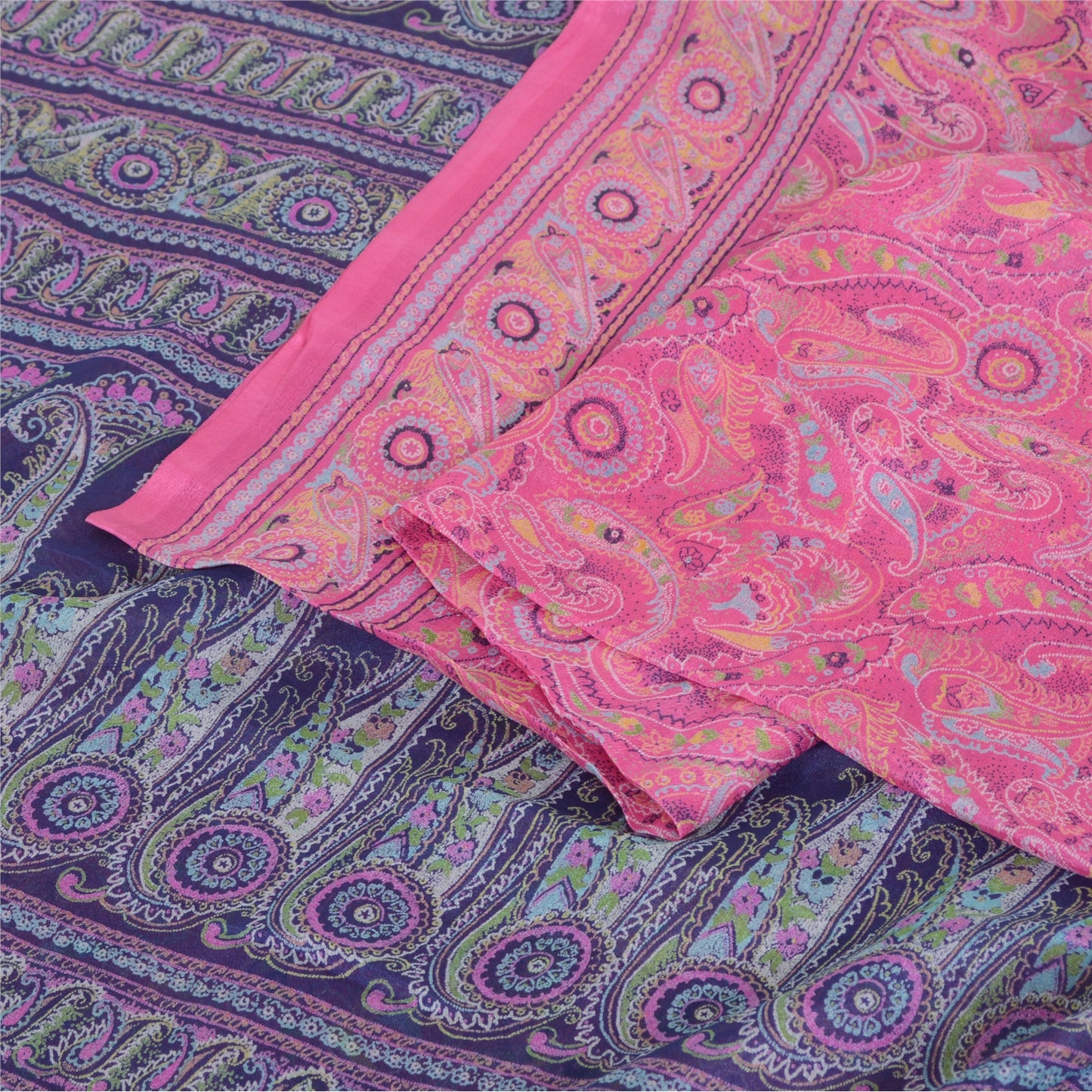 Sanskriti Vintage Sarees Pink/Purple Pure Silk Printed Sari 6yd Craft Fabric