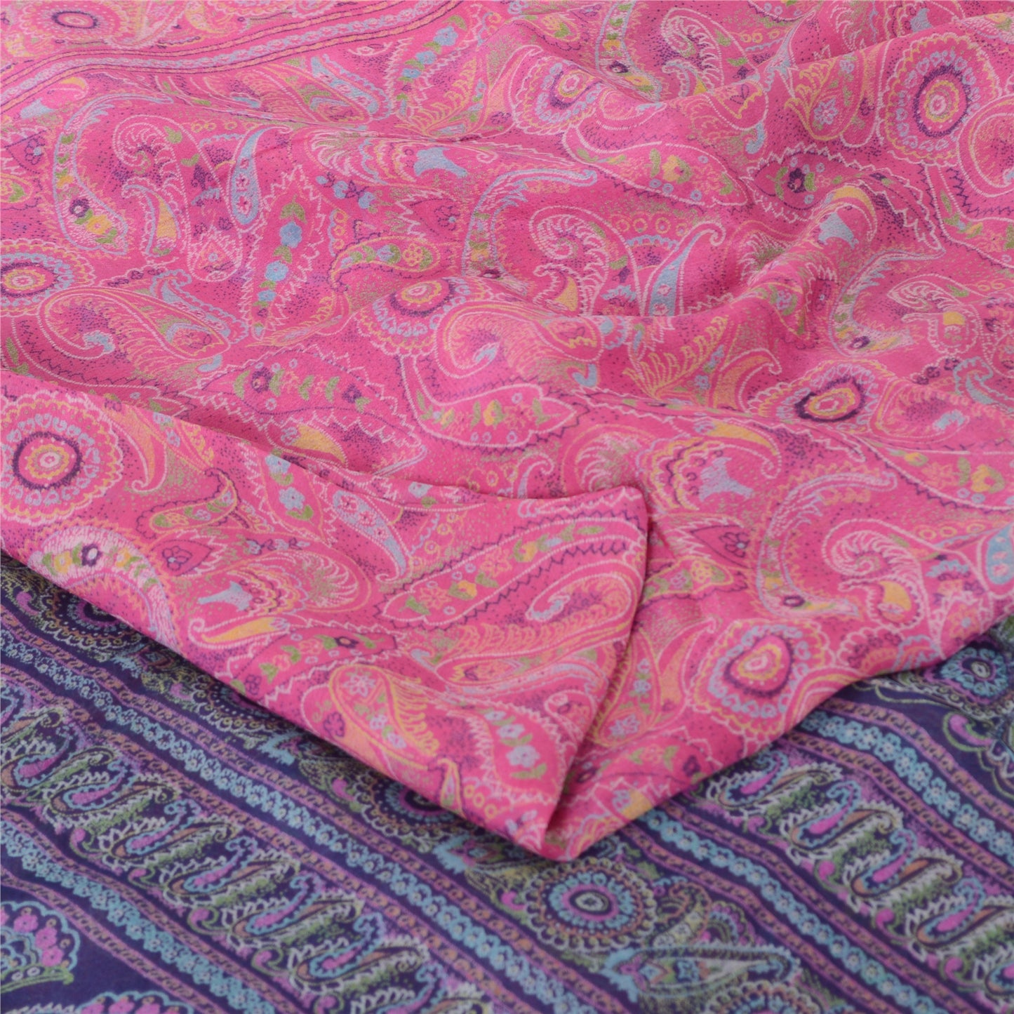 Sanskriti Vintage Sarees Pink/Purple Pure Silk Printed Sari 6yd Craft Fabric