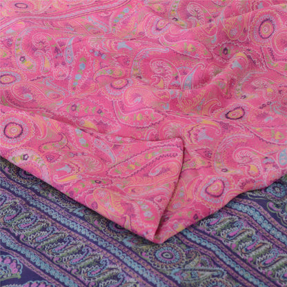 Sanskriti Vintage Sarees Pink/Purple Pure Silk Printed Sari 6yd Craft Fabric