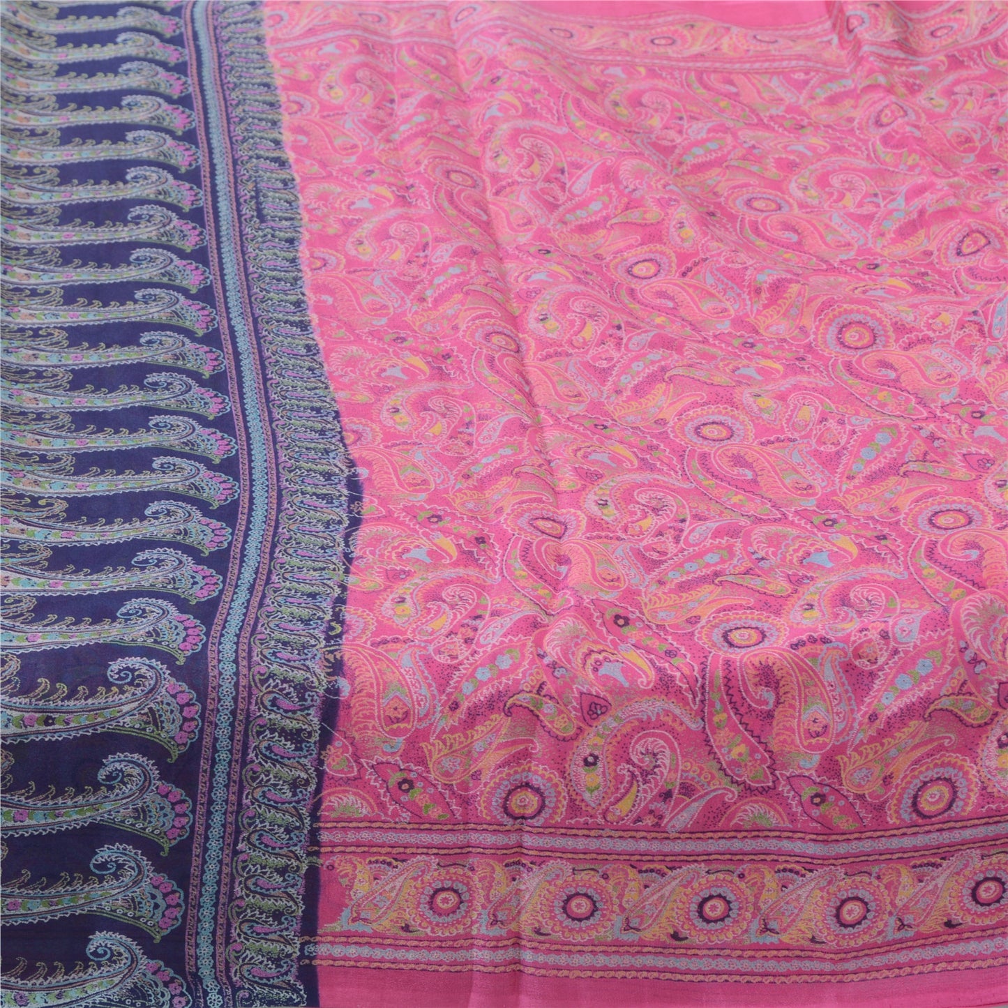 Sanskriti Vintage Sarees Pink/Purple Pure Silk Printed Sari 6yd Craft Fabric