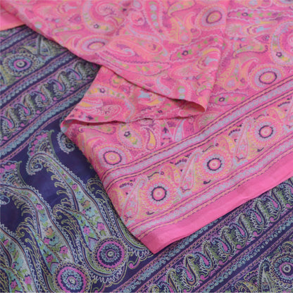 Sanskriti Vintage Sarees Pink/Purple Pure Silk Printed Sari 6yd Craft Fabric