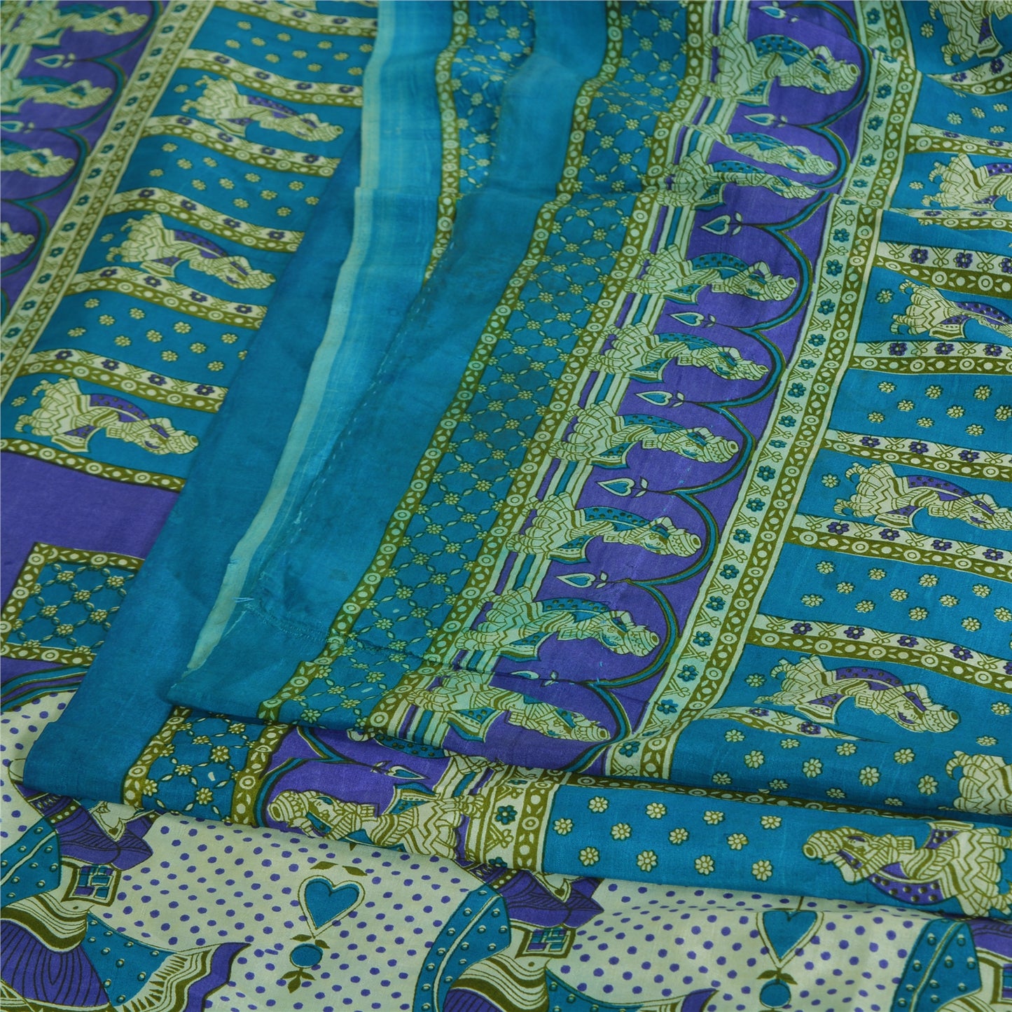 Sanskriti Vintage Sarees Indian Blue Pure Silk Women Printed Sari Craft Fabric