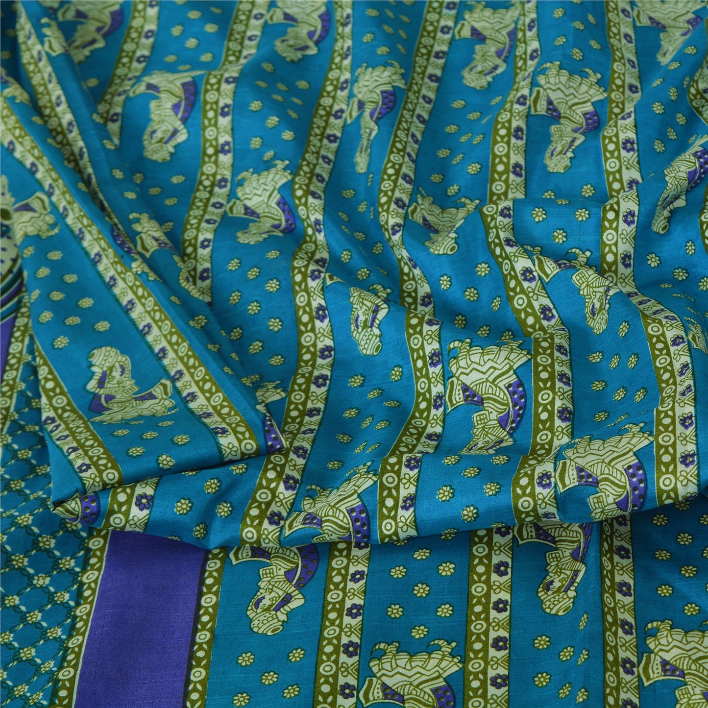 Sanskriti Vintage Sarees Indian Blue Pure Silk Women Printed Sari Craft Fabric