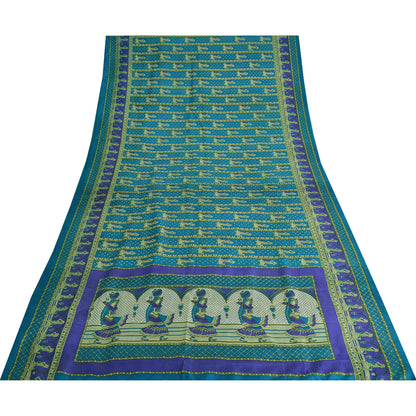 Sanskriti Vintage Sarees Indian Blue Pure Silk Women Printed Sari Craft Fabric