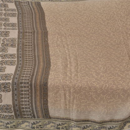 Sanskriti Vintage Sarees Light Brown 100%Pure Silk Printed Sari 5yd Craft Fabric