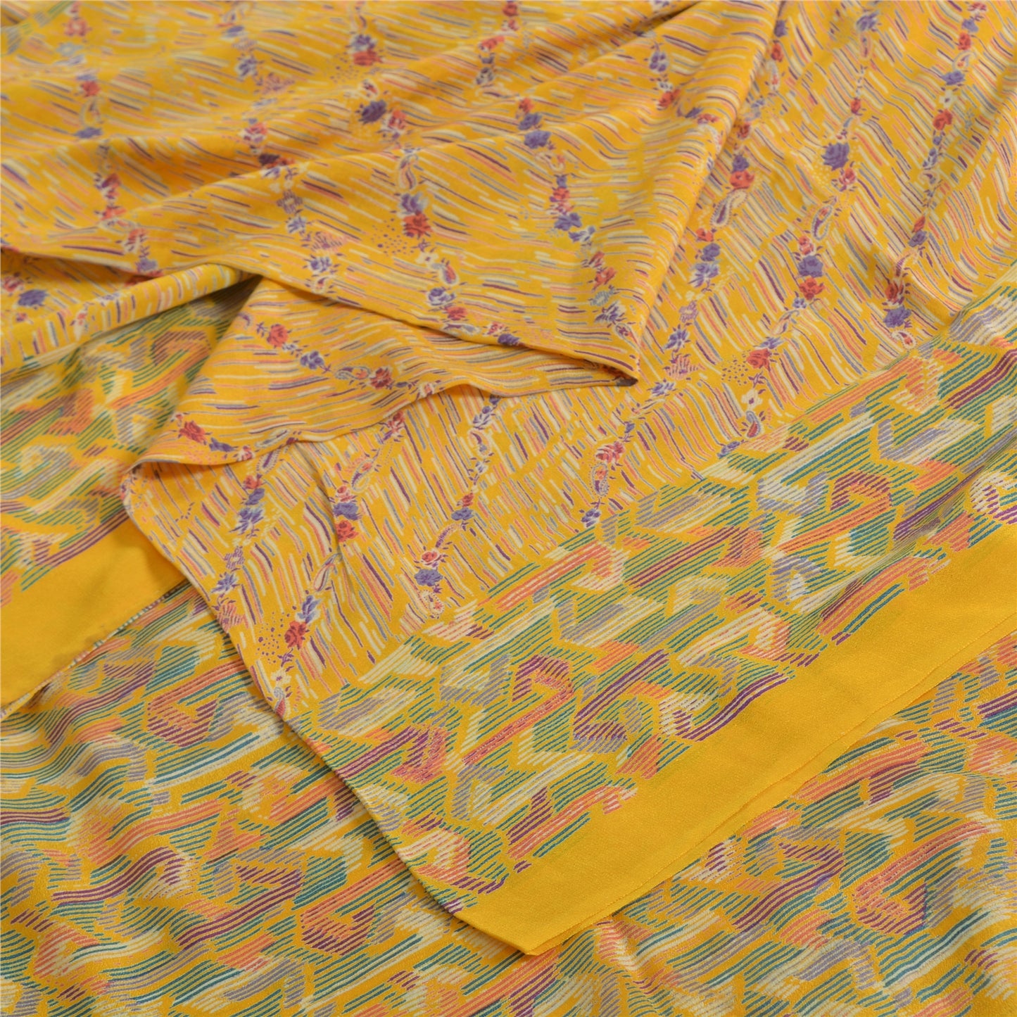 Sanskriti Vintage Sarees Yellow Indian Pure Silk Printed Sari 5yd Craft Fabric