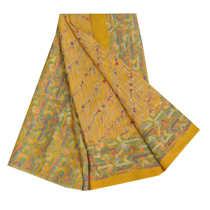 Sanskriti Vintage Sarees Yellow Indian Pure Silk Printed Sari 5yd Craft Fabric