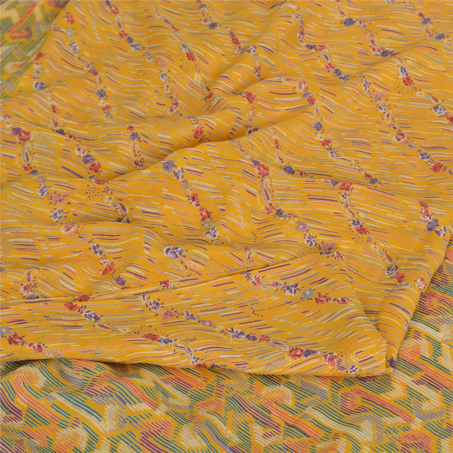 Sanskriti Vintage Sarees Yellow Indian Pure Silk Printed Sari 5yd Craft Fabric