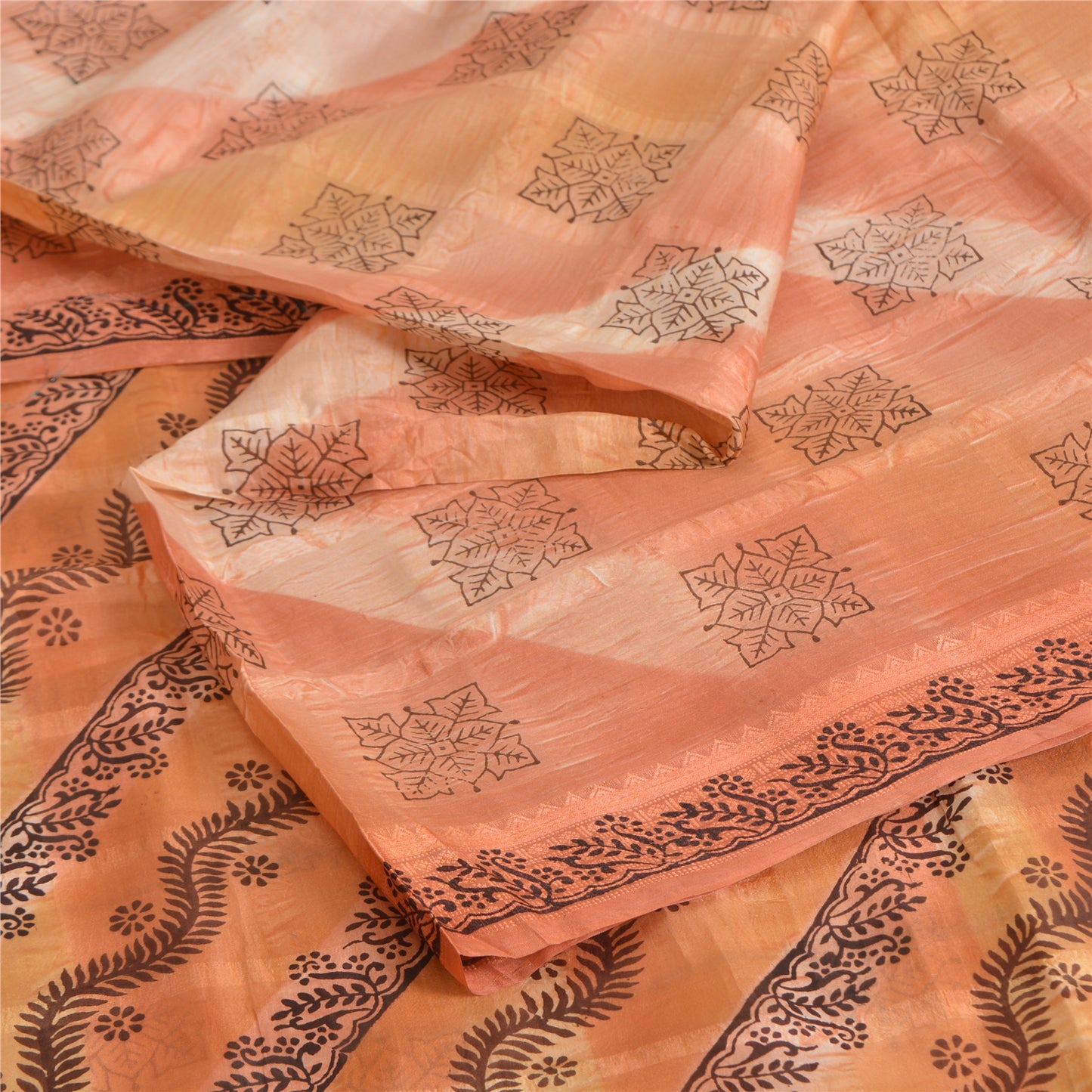 Sanskriti Vintage Sarees Indian Peach Pure Silk Printed Sari 5yd Craft Fabric