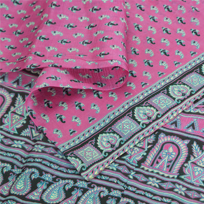 Sanskriti Vintage Sarees Indian Pink Pure Silk Printed Sari 5yd Craft Fabric