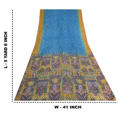 Sanskriti Vintage Sarees Indian Blue Pure Silk Printed Sari 5yd Craft Fabric