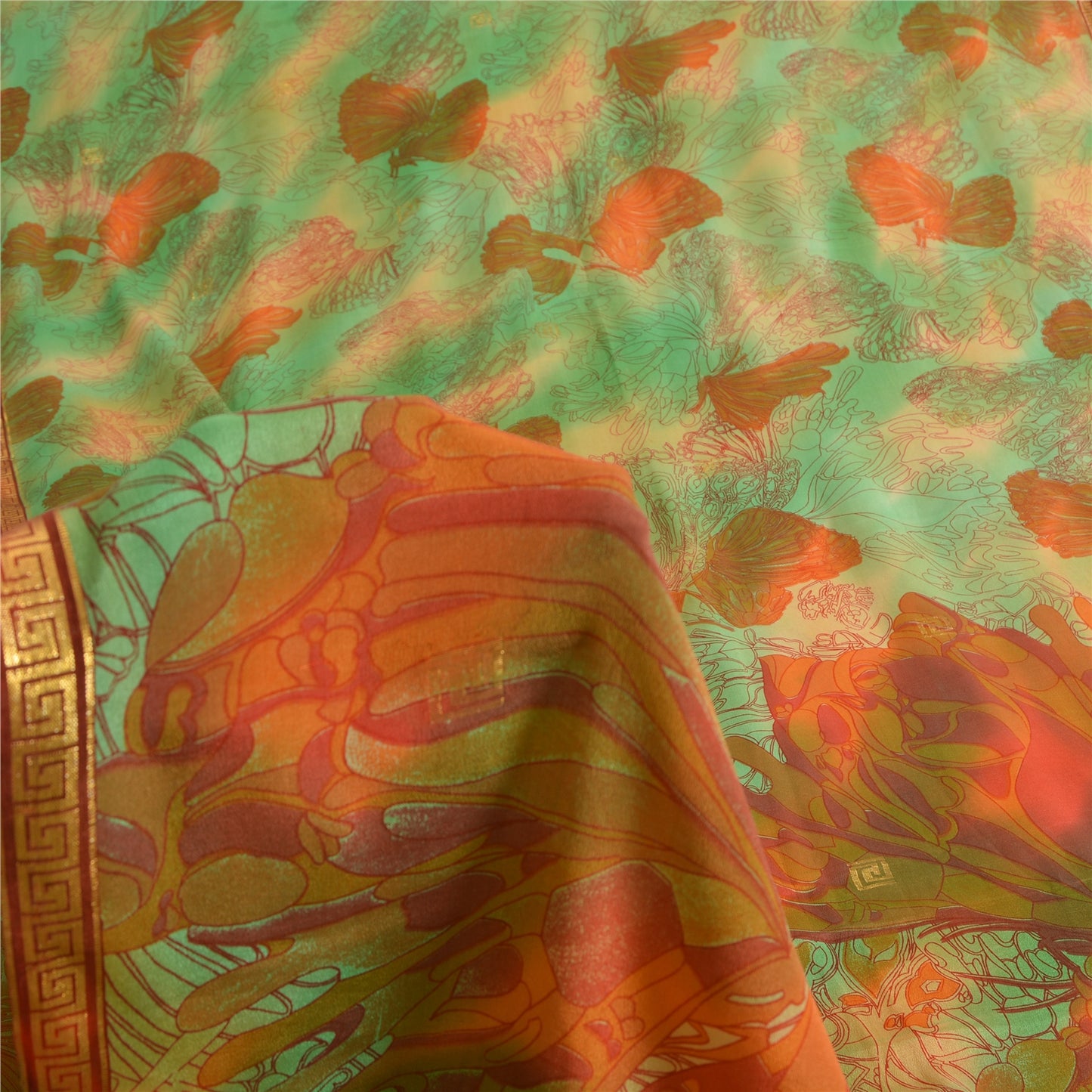 Sanskriti Vintage Sarees Green/Orange Pure Silk Printed Sari 6yd Craft Fabric