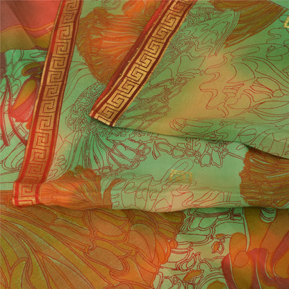 Sanskriti Vintage Sarees Green/Orange Pure Silk Printed Sari 6yd Craft Fabric