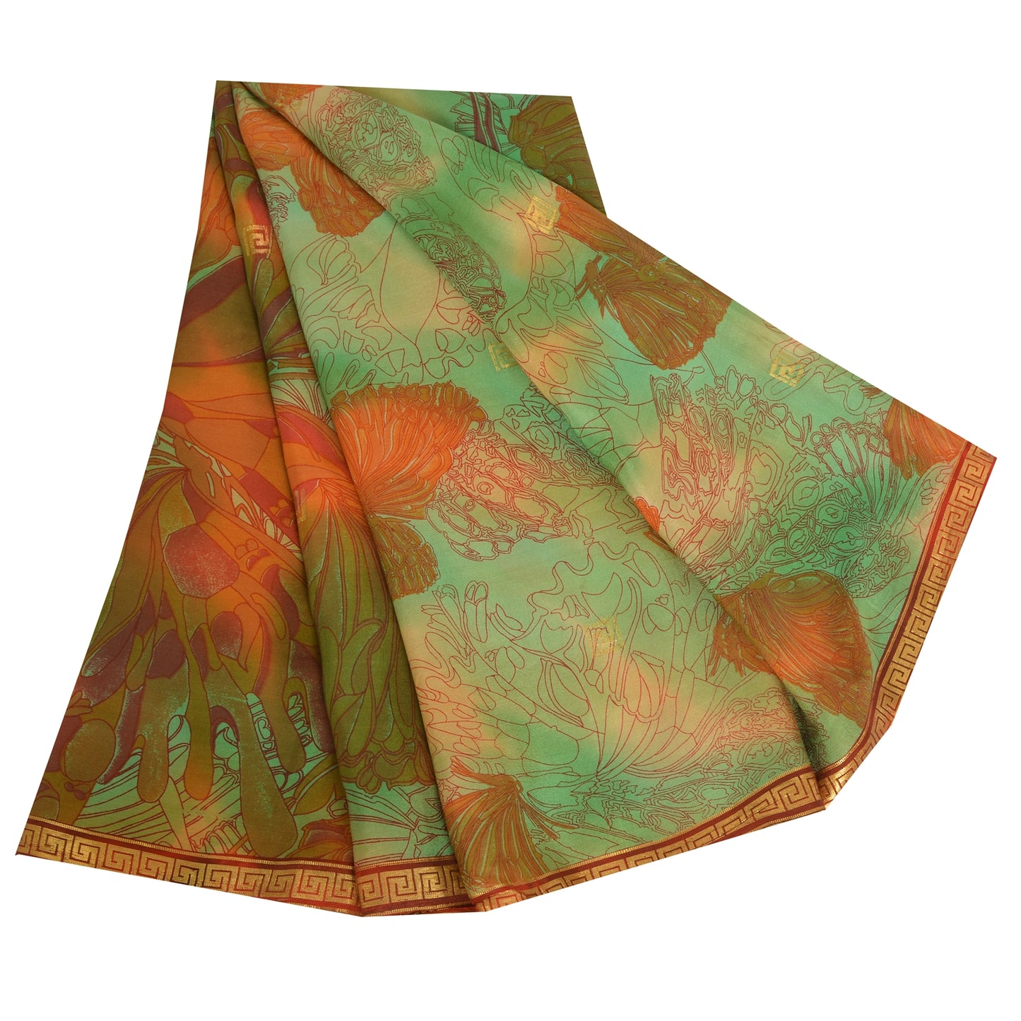 Sanskriti Vintage Sarees Green/Orange Pure Silk Printed Sari 6yd Craft Fabric