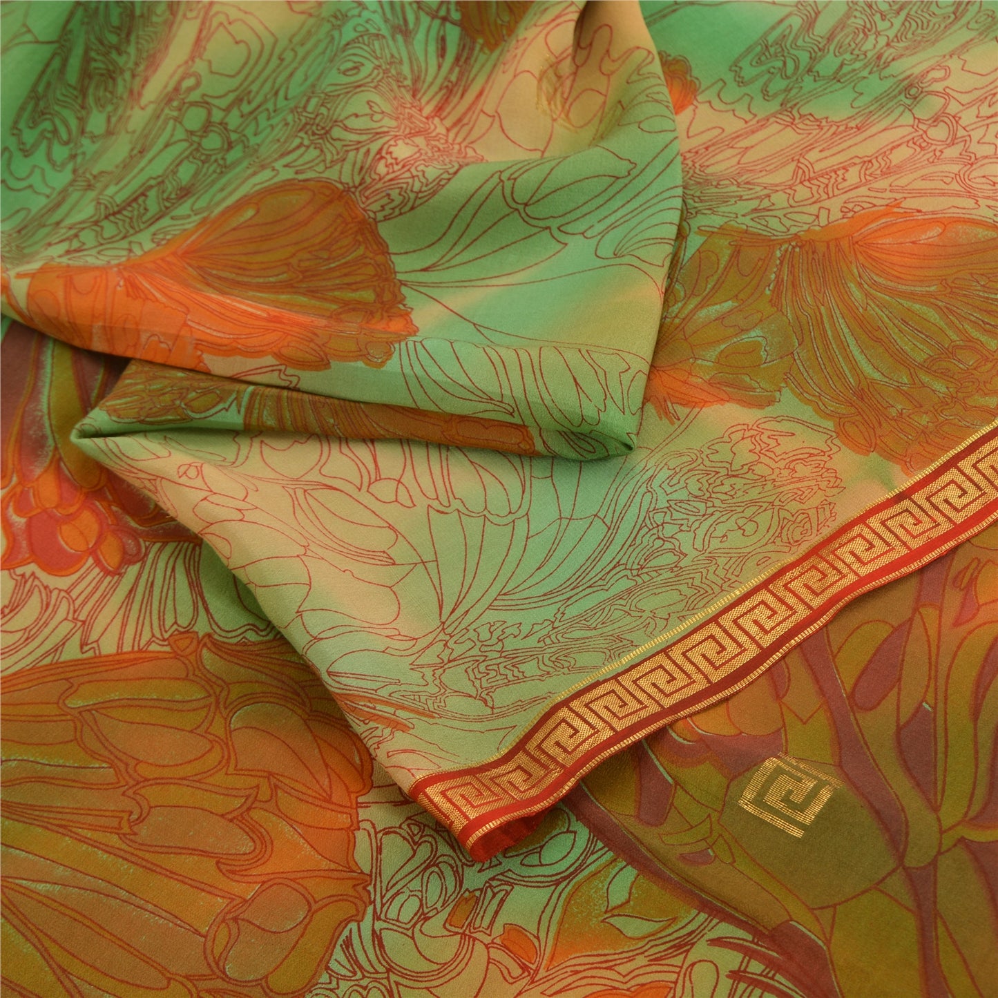 Sanskriti Vintage Sarees Green/Orange Pure Silk Printed Sari 6yd Craft Fabric