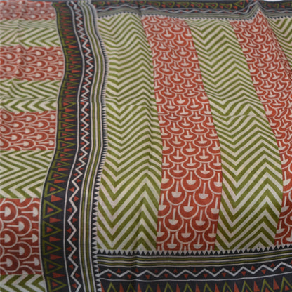 Sanskriti Vintage Sarees Green/Red Pure Silk Geometric Printed Sari Craft Fabric