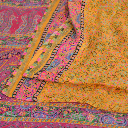 Sanskriti Vintage Sarees Yellow/Pink 100% Pure Silk Print Sari 5yd Craft Fabric