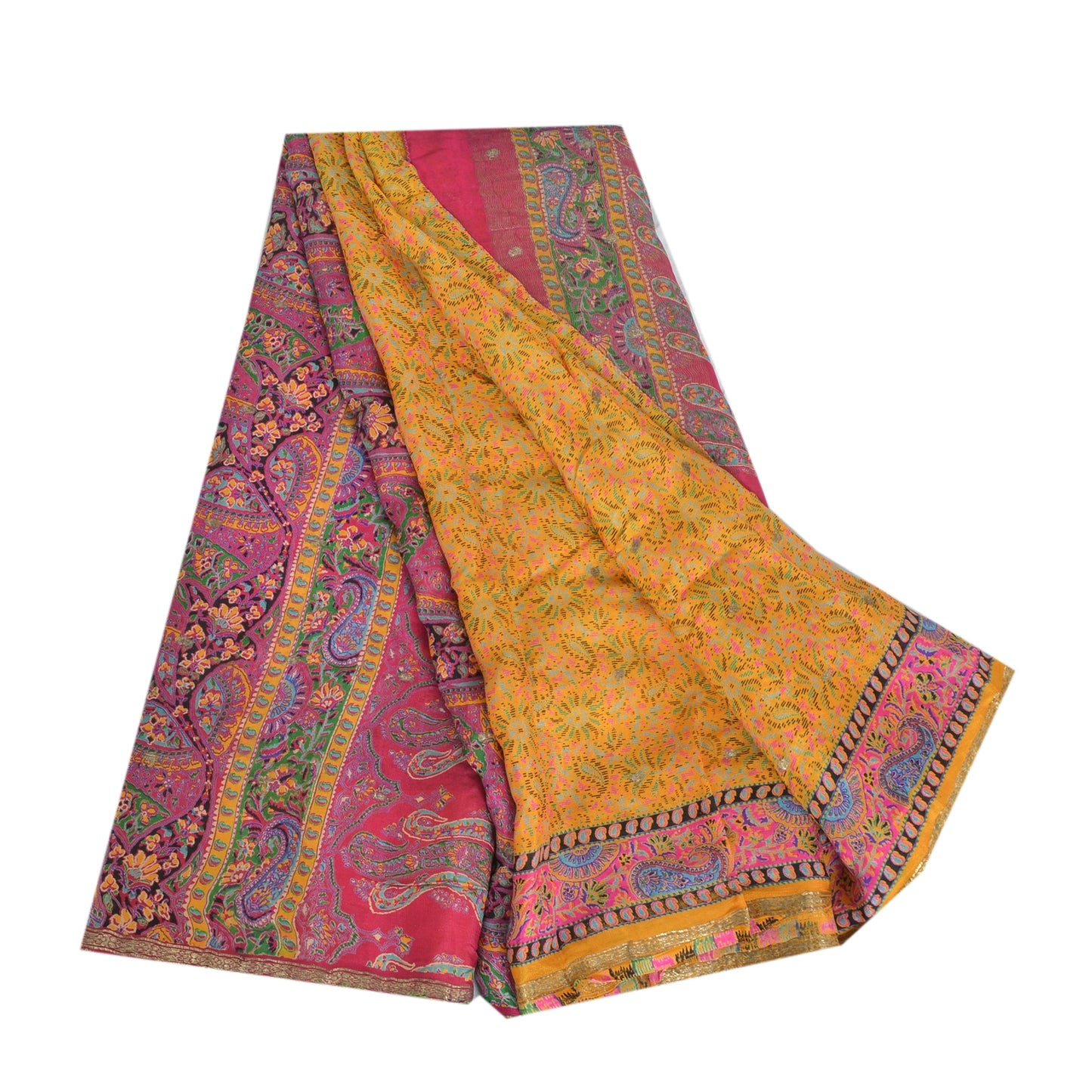 Sanskriti Vintage Sarees Yellow/Pink 100% Pure Silk Print Sari 5yd Craft Fabric