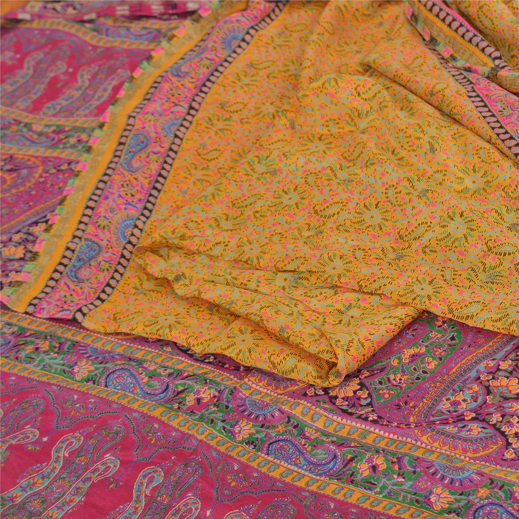 Sanskriti Vintage Sarees Yellow/Pink 100% Pure Silk Print Sari 5yd Craft Fabric