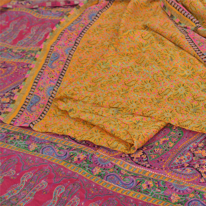 Sanskriti Vintage Sarees Yellow/Pink 100% Pure Silk Print Sari 5yd Craft Fabric