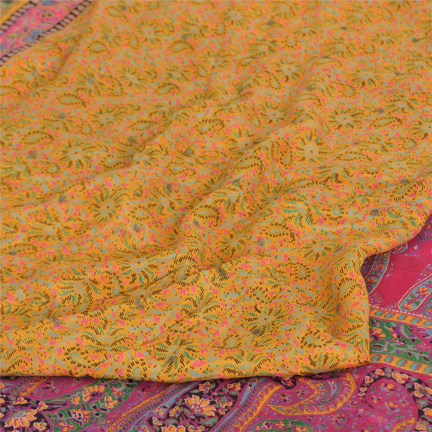 Sanskriti Vintage Sarees Yellow/Pink 100% Pure Silk Print Sari 5yd Craft Fabric