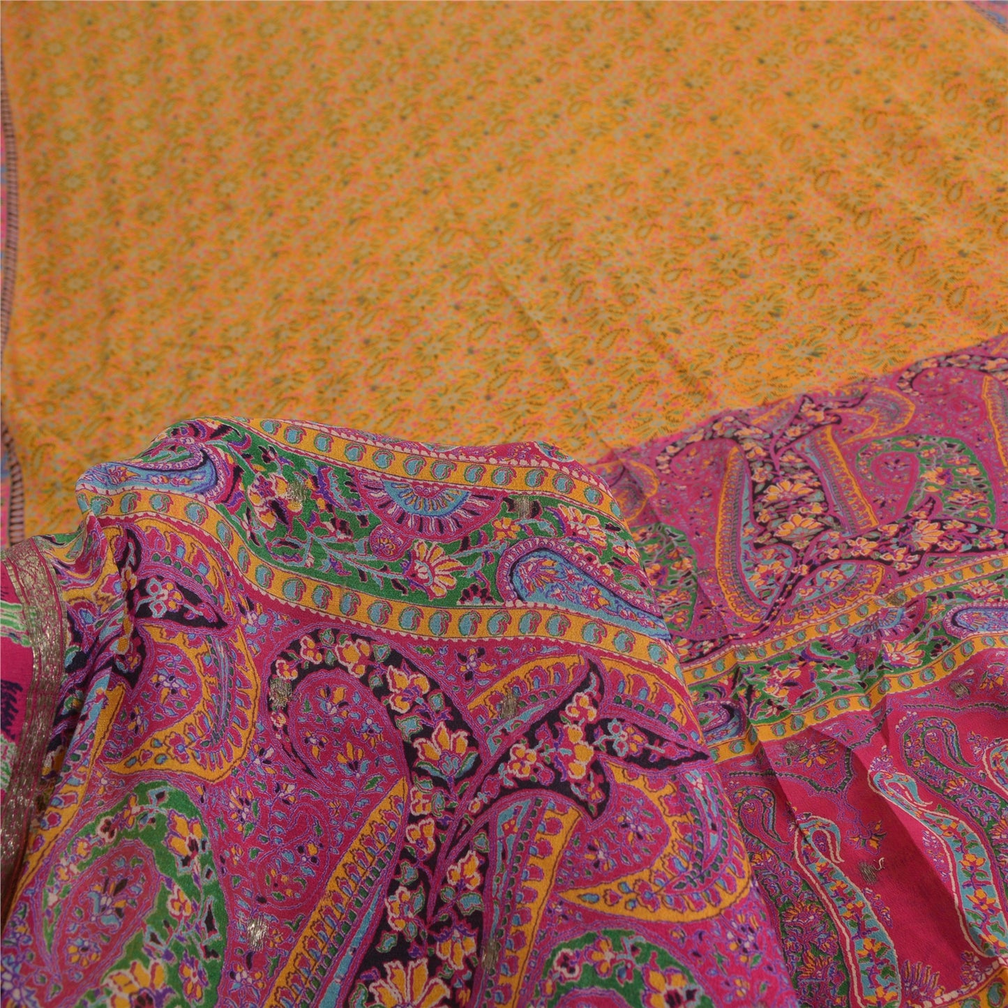 Sanskriti Vintage Sarees Yellow/Pink 100% Pure Silk Print Sari 5yd Craft Fabric