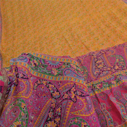 Sanskriti Vintage Sarees Yellow/Pink 100% Pure Silk Print Sari 5yd Craft Fabric