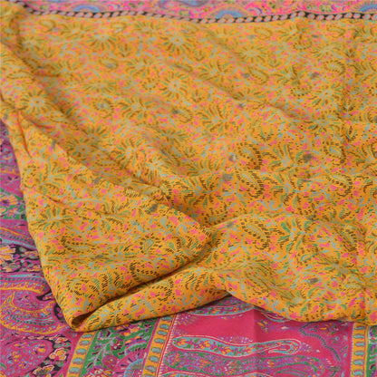 Sanskriti Vintage Sarees Yellow/Pink 100% Pure Silk Print Sari 5yd Craft Fabric