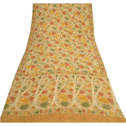 Sanskriti Vintage Sarees Cream Pure Chiffon Silk Printed Sari 5yd Craft Fabric