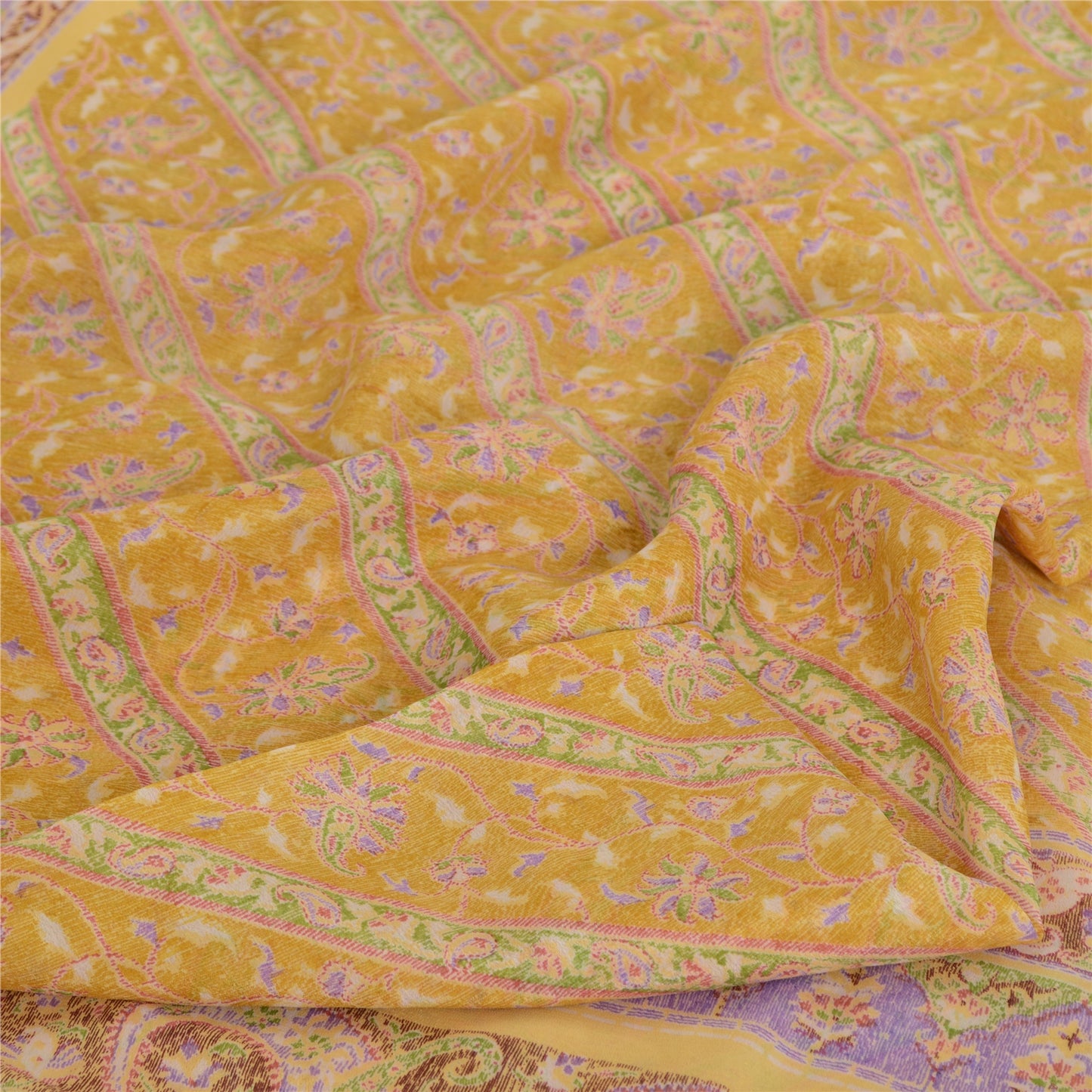 Sanskriti Vintage Sarees Indian Yellow Pure Silk Printed Sari 5yd Craft Fabric