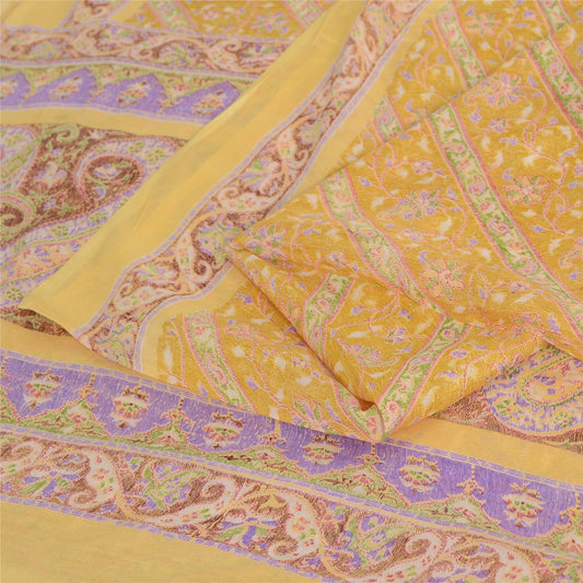 Sanskriti Vintage Sarees Indian Yellow Pure Silk Printed Sari 5yd Craft Fabric