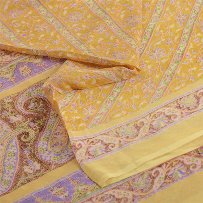 Sanskriti Vintage Sarees Indian Yellow Pure Silk Printed Sari 5yd Craft Fabric