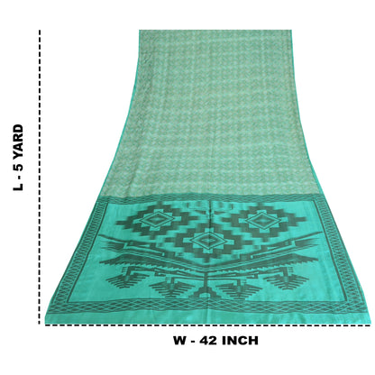 Sanskriti Vintage Sarees Sea-Green 100% Pure Silk Printed Sari 5yd Craft Fabric