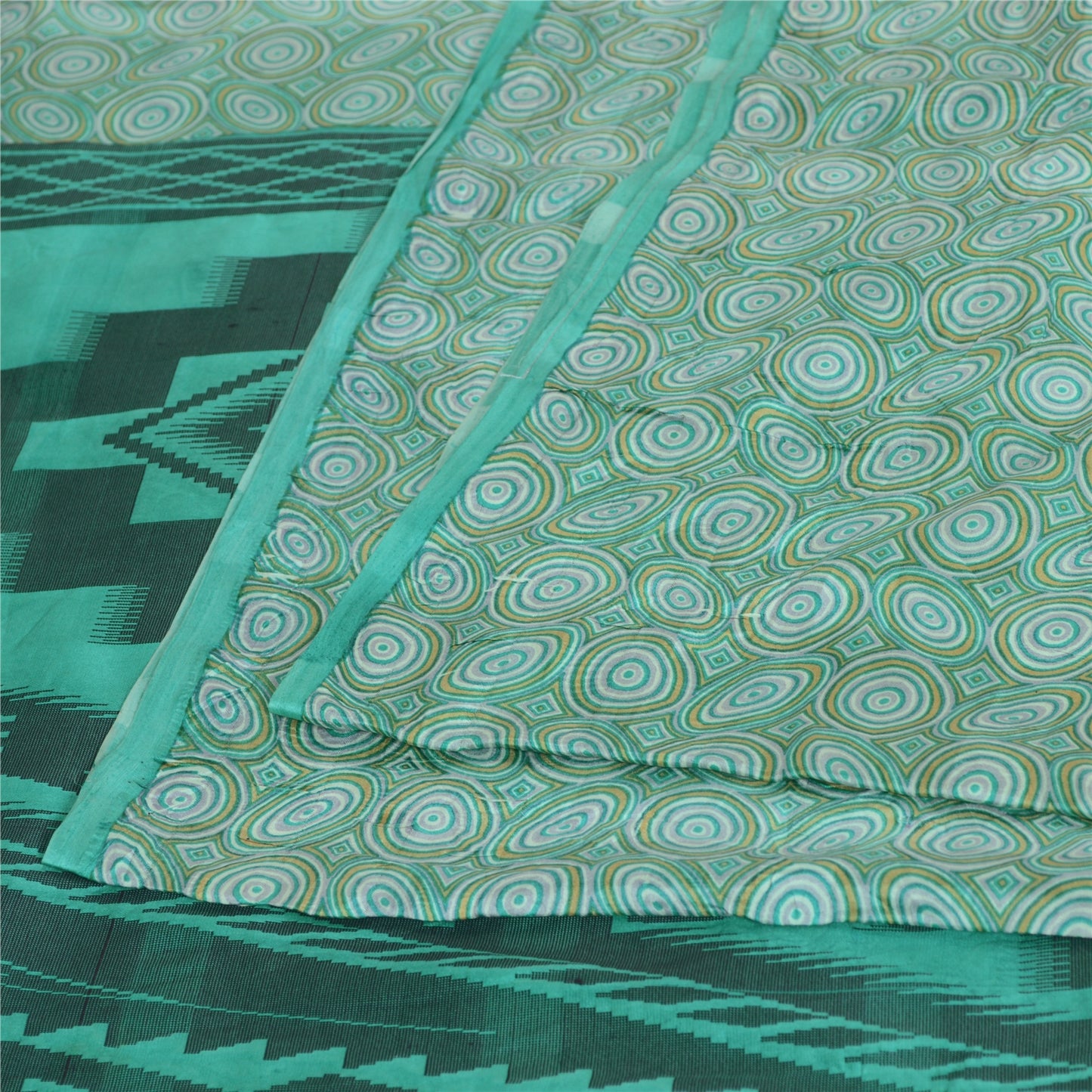 Sanskriti Vintage Sarees Sea-Green 100% Pure Silk Printed Sari 5yd Craft Fabric